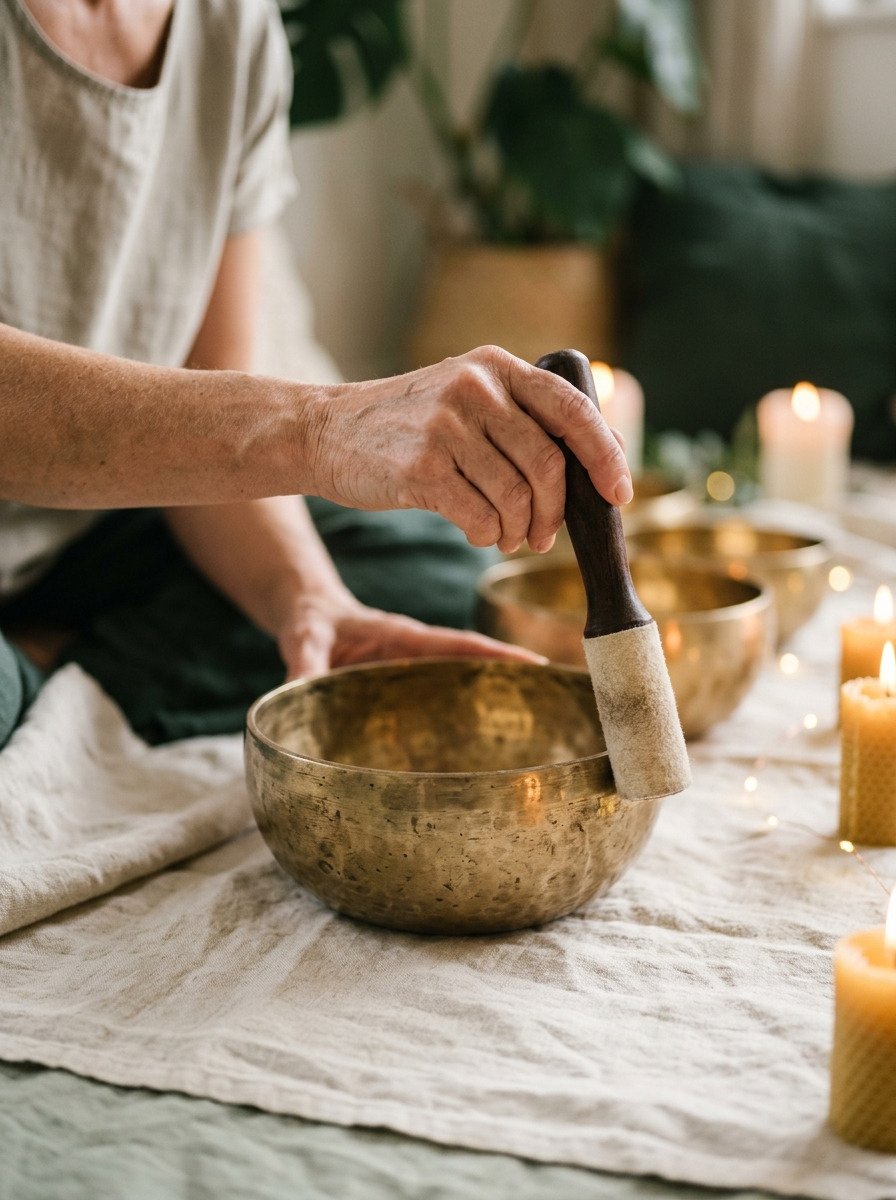 Hands striking a brass singing bowl with a felt mallet, candlelit bowls beyond